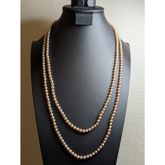 Vintage 58" Long 5-6mm Faux Champagne Pearl Rhinestone Slide In Clasp Necklace - Picture 9 of 9